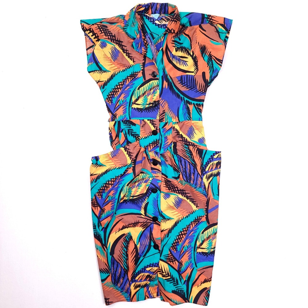 Vintage 80s Abstract Tropical Midi‎ Dress Sleeveless Padded Shoulder Multicolor